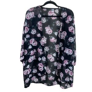 H&M Black Rose Floral Sheer Kimono Cardigan Top Sz M